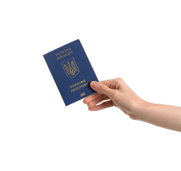 Žena Ukrajinským Pasem Bílém Pozadí — Stock fotografie