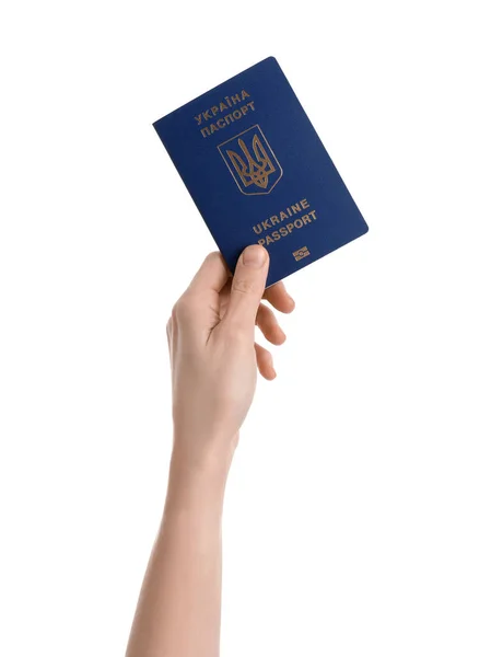白い背景にウクライナのパスポートを持つ女性 — ストック写真