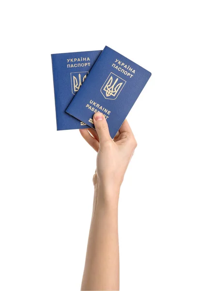 Жінка Українськими Паспортами Білому Тлі — стокове фото