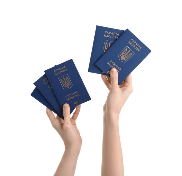Femme Avec Des Passeports Ukrainiens Sur Fond Blanc — Photo