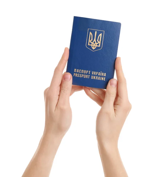 Жінка Українським Паспортом Білому Тлі — стокове фото
