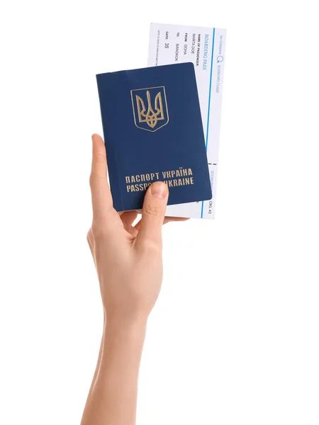 Γυναίκα Ουκρανικό Διαβατήριο Και Εισιτήριο Λευκό Φόντο — Φωτογραφία Αρχείου