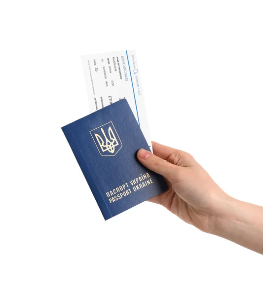 Frau Mit Ukrainischem Pass Und Ticket Auf Weißem Hintergrund — Stockfoto