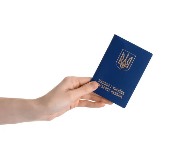 Vrouw Met Oekraïens Paspoort Witte Achtergrond — Stockfoto