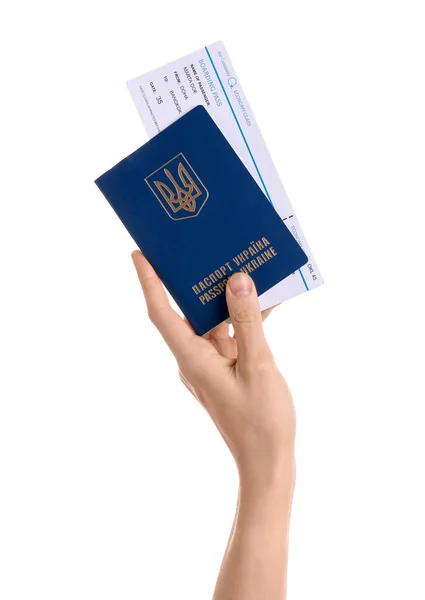 Femme Avec Passeport Ukrainien Billet Sur Fond Blanc — Photo
