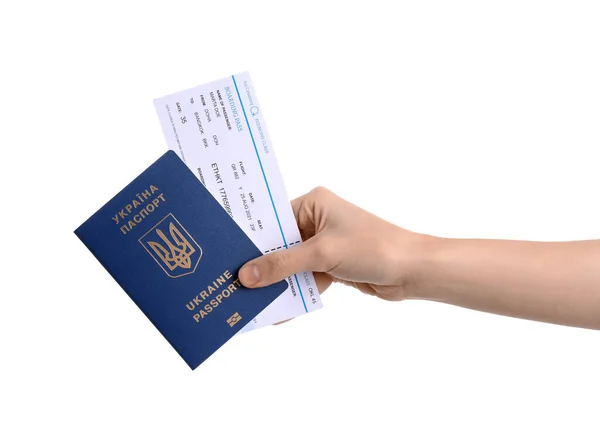 Женщина Украинским Паспортом Билетом Белом Фоне — стоковое фото