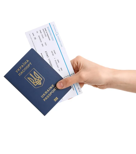 Женщина Украинским Паспортом Билетом Белом Фоне — стоковое фото