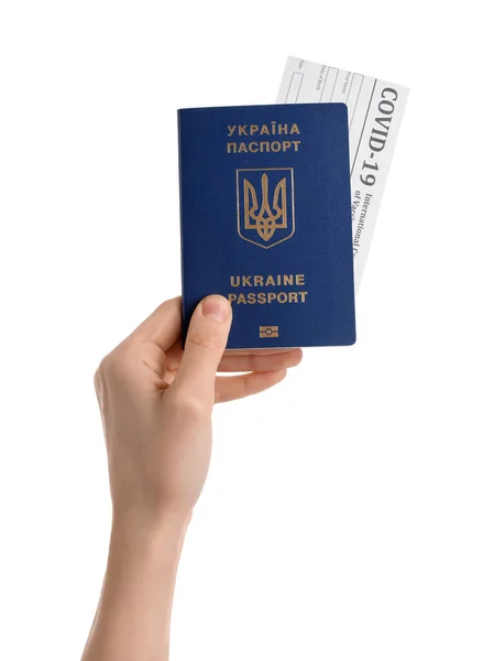 Жінка Українським Паспортом Квиток Білому Тлі — стокове фото