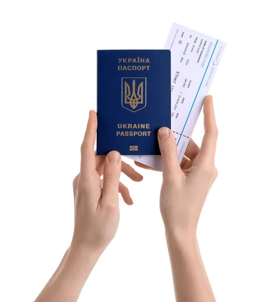 Mulher Com Passaporte Ucraniano Bilhete Fundo Branco — Fotografia de Stock