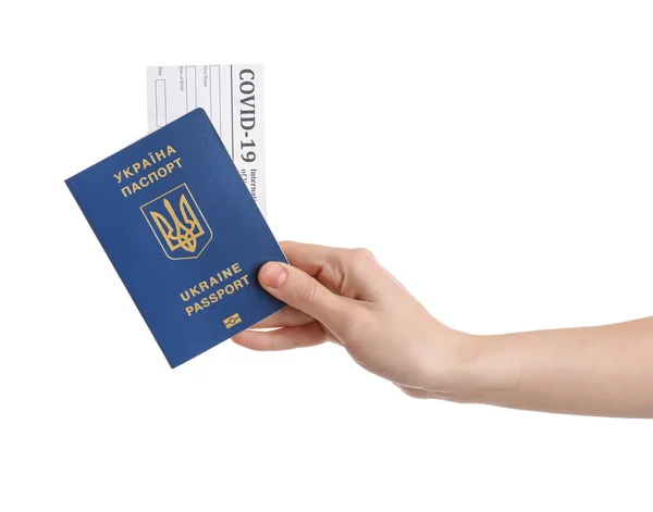 Frau Mit Ukrainischem Pass Und Ticket Auf Weißem Hintergrund — Stockfoto