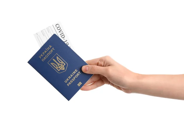 Mulher Com Passaporte Ucraniano Bilhete Fundo Branco — Fotografia de Stock