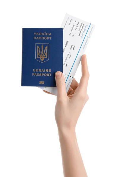 Žena Ukrajinským Pasem Jízdenka Bílém Pozadí — Stock fotografie