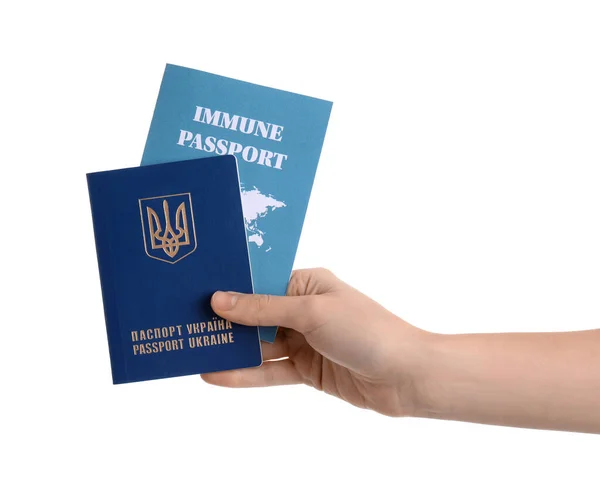 Mujer Con Pasaportes Ucranianos Inmunes Sobre Fondo Blanco —  Fotos de Stock