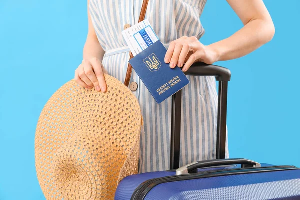 Woman Ukrainian Passport Immune Card Ticket Suitcase Blue Background — Stock Photo, Image