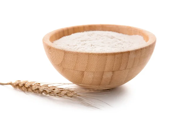 Wooden Bowl Flour Wheat Ear Isolated White Background — Stock Photo, Image