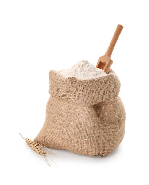 Sack Bag Flour Wheat Ear Scoop Isolated White Background — Stock Photo, Image
