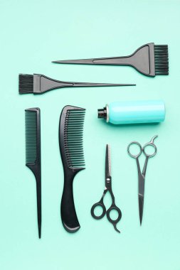 Makasla kuaför fırçaları ve nane arkaplanda sprey şişesi.