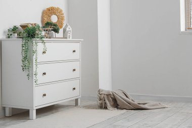 Çekmeceleri ve yapay bitkileri olan ışık odasının içinde.