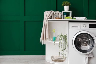 Çamaşır makineli raf ünitesi ve yeşil duvarın yanındaki yapay fabrika.