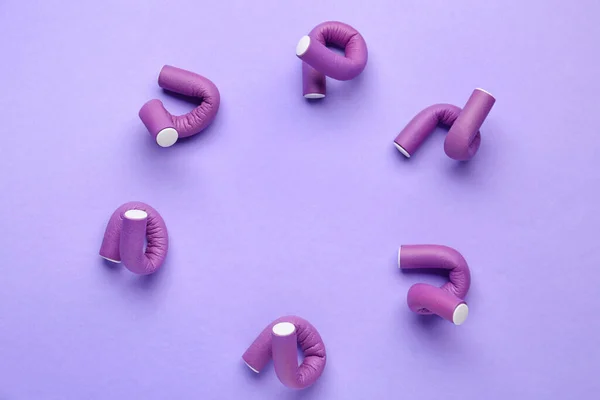Frame Made Hair Curlers Lilac Background — Stock Photo, Image