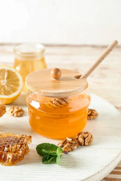 Jar Sweet Honey Dipper Table — Stock Photo, Image