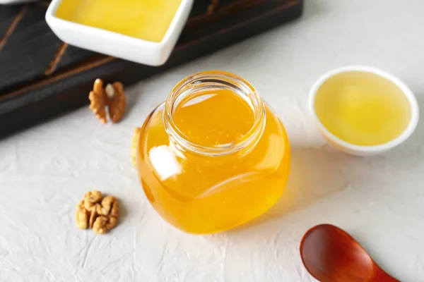 Jar Sweet Honey Light Background — Stock Photo, Image