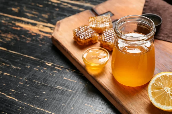 Jar Sweet Honey Dark Wooden Background — Stock Photo, Image