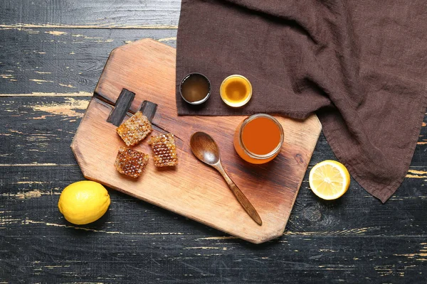 Composition Sweet Honey Combs Lemon Dark Wooden Background — Stock Photo, Image