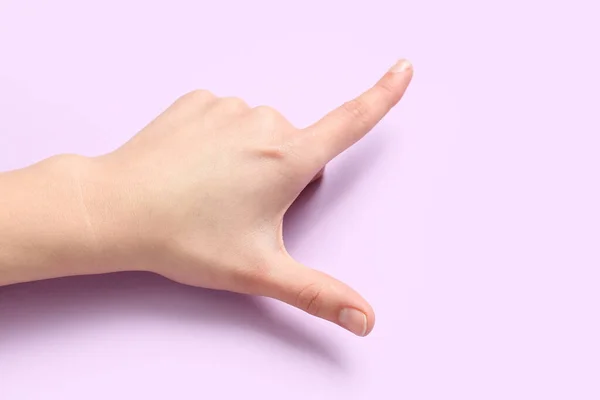 Woman Showing Loser Gesture Lilac Background Closeup — Stock Photo, Image