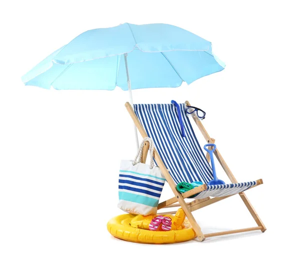 Deck Chair Blue Umbrella Beach Accessories Isolated White Background — Stock Photo, Image