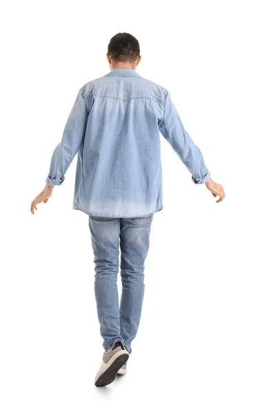 Young Man Balancing White Background Back View — Stock Photo, Image