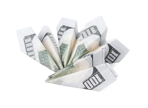 Origami Vliegtuigen Gemaakt Van Dollarbiljetten Witte Achtergrond — Stockfoto