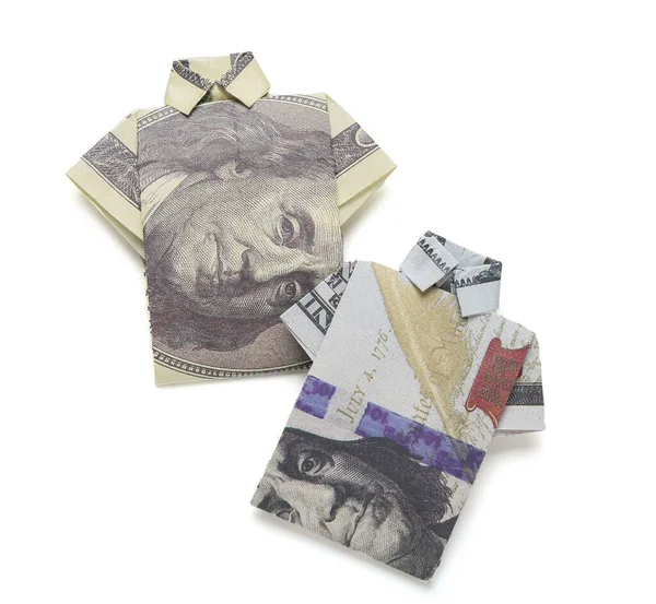 Origami Shirts Made Dollar Banknotes White Background — Stock Photo, Image