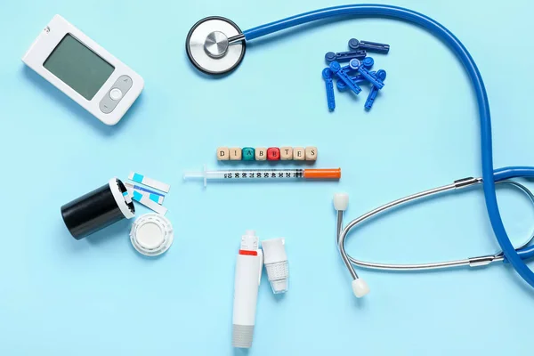 Word Diabetes Med Medicinsk Utrustning Blå Bakgrund — Stockfoto
