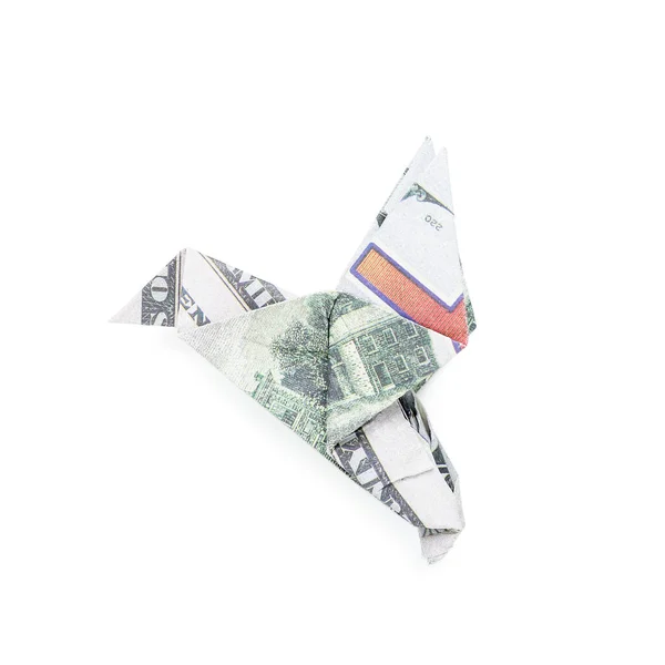 Beyaz Arkaplanda Dolar Banknotlarından Yapılmış Origami Kuşu — Stok fotoğraf