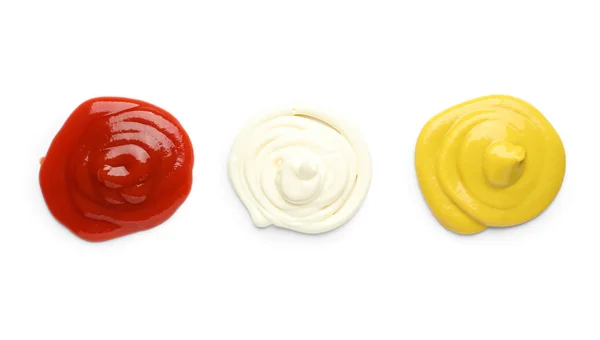 Samples Ketchup Mayonnaise Mustard Isolated White Background — Stock Photo, Image