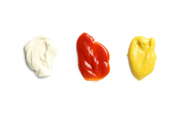 Próbki Ketchupu Majonezu Gorczycy Izolowane Białym Tle — Zdjęcie stockowe