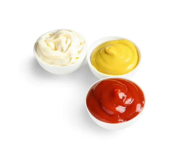 Fehér Alapon Izolált Ketchup Majonéz Mustártálak — Stock Fotó
