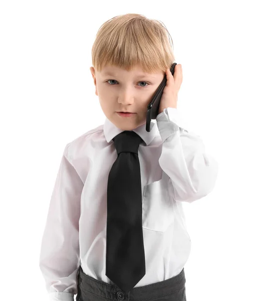 Engraçado Pequeno Homem Negócios Falando Por Telefone Celular Fundo Branco — Fotografia de Stock