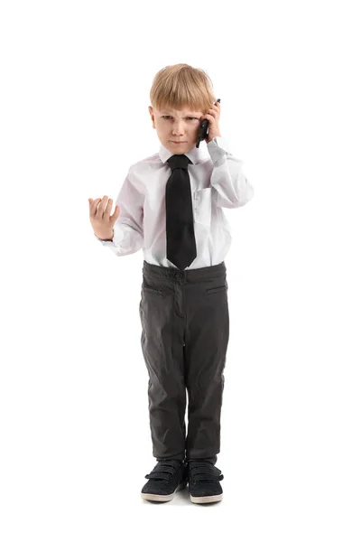Engraçado Pequeno Homem Negócios Falando Por Telefone Celular Fundo Branco — Fotografia de Stock