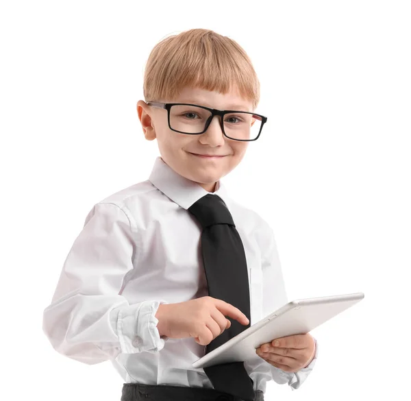 Funny Little Businessman Using Tablet Computer White Background — Stock Photo, Image