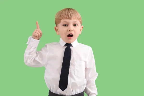 Funny Little Businessman Pointing Something Green Background — Stock Photo, Image