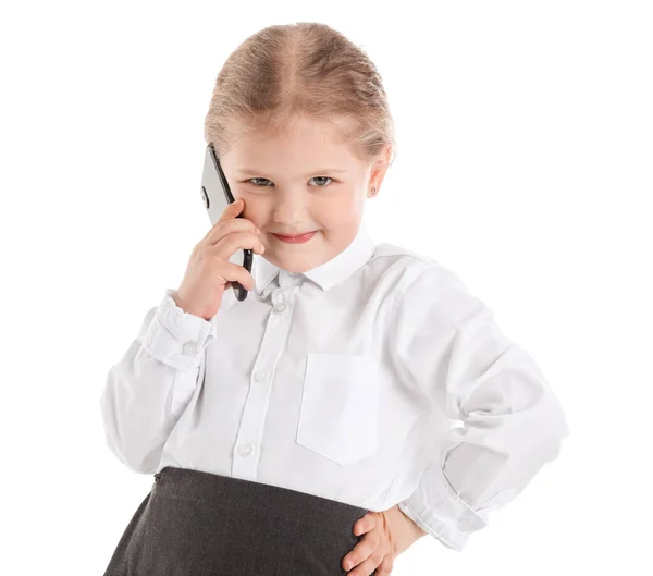 Zabawna Mała Bizneswoman Rozmawiająca Przez Telefon Komórkowy Białym Tle — Zdjęcie stockowe