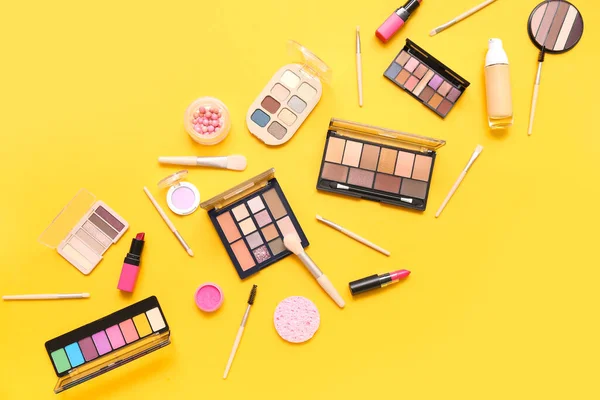 Decorative Cosmetics Makeup Brushes Yellow Background — Stock Photo, Image