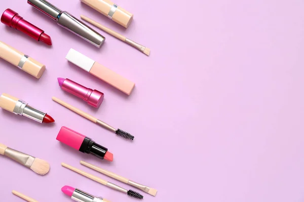 Decorative Cosmetics Makeup Brushes Lilac Background — Stock Photo, Image