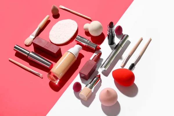 Decorative Cosmetics Makeup Brushes Sponges Color Background — Stock Photo, Image