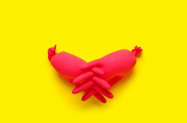 Inflated Medical Gloves Yellow Background — Stock Photo, Image