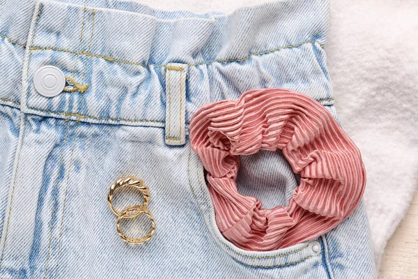 Silk Scrunchy Jeans Rings White Fabric Background Closeup — Stock Photo, Image