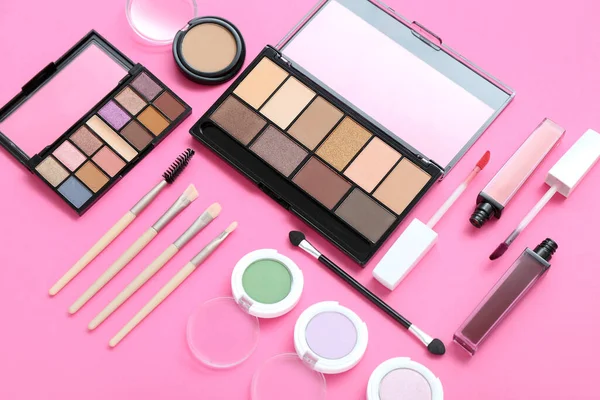Eyeshadows Brushes Lipglosses Pink Background — Stock Photo, Image
