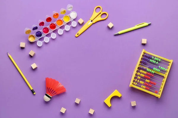 Frame Made Toys School Stationery Purple Background Children Day Celebration — Stock Photo, Image